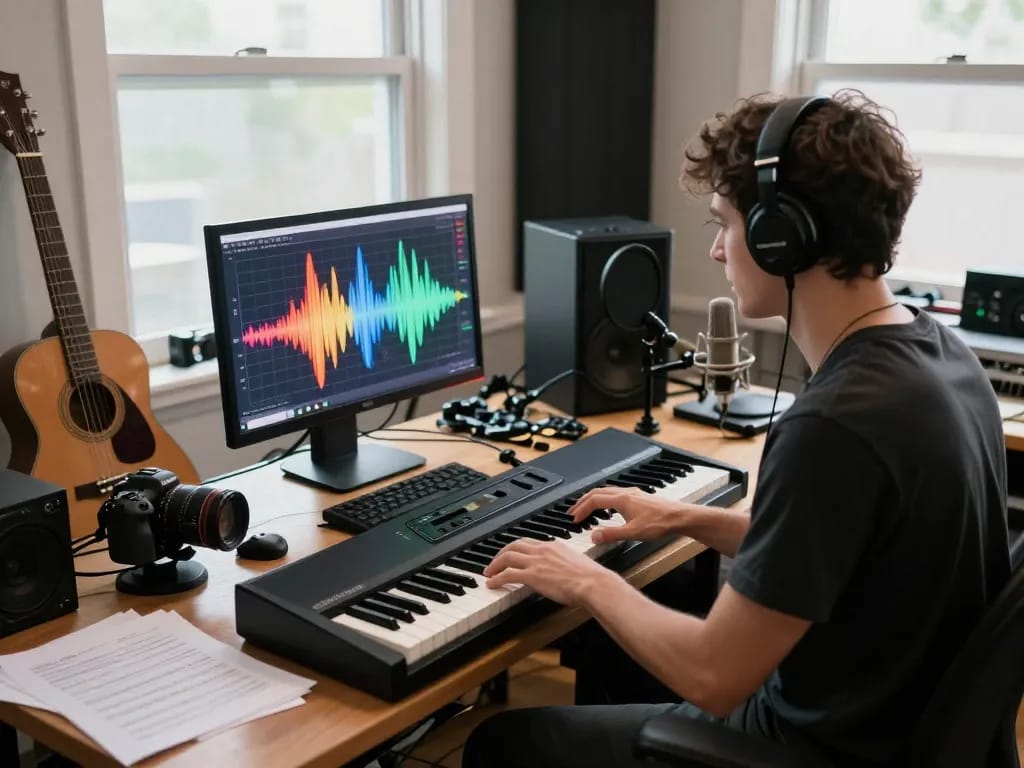 Musician playing the GO 88 digital piano in a vibrant music studio, inspiring creativity.