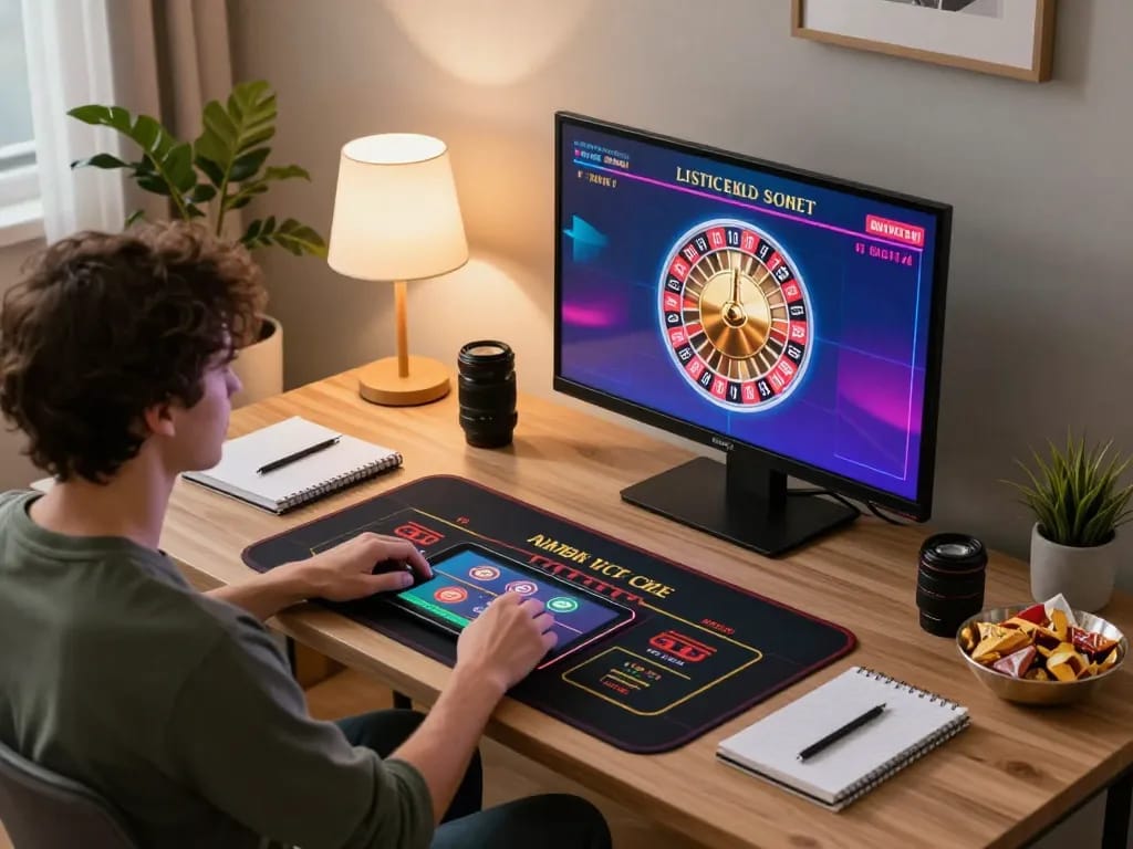 Engaging in online gaming at nhà cái lc88 with live dealer roulette on a tablet in a cozy setting.