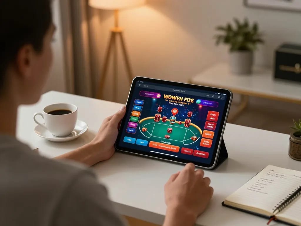 Engaged player using 789f tablet for online poker in a stylish home setting.