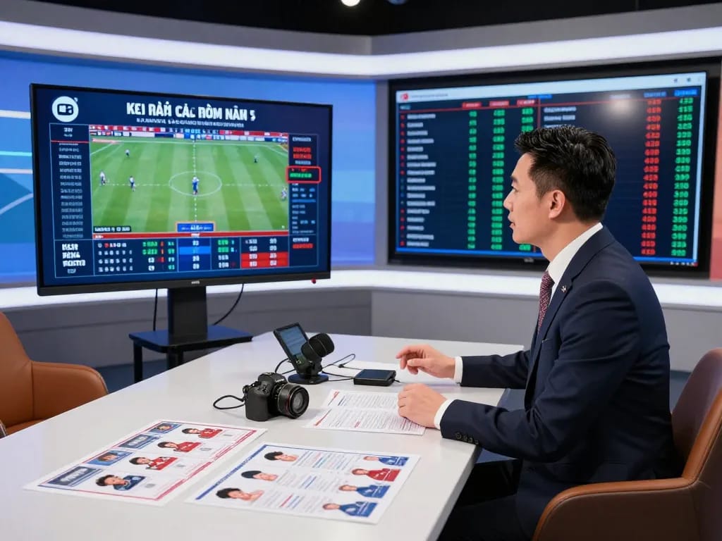 Expert sports analysis on kèo nhà cái hôm nay in a modern betting studio.