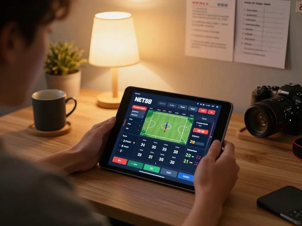 Person placing bets on NET88 sports app in a cozy home gaming setup with warm lighting