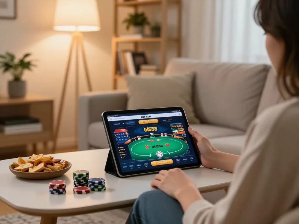 Engaging with nhà cái bl555 on tablet during cozy home gaming session
