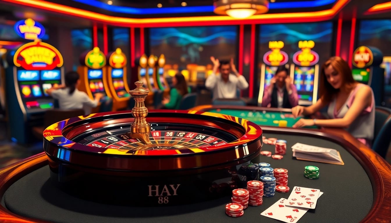 Players enjoying a thrilling game at HAY 88's luxurious casino with vibrant roulette and poker tables.