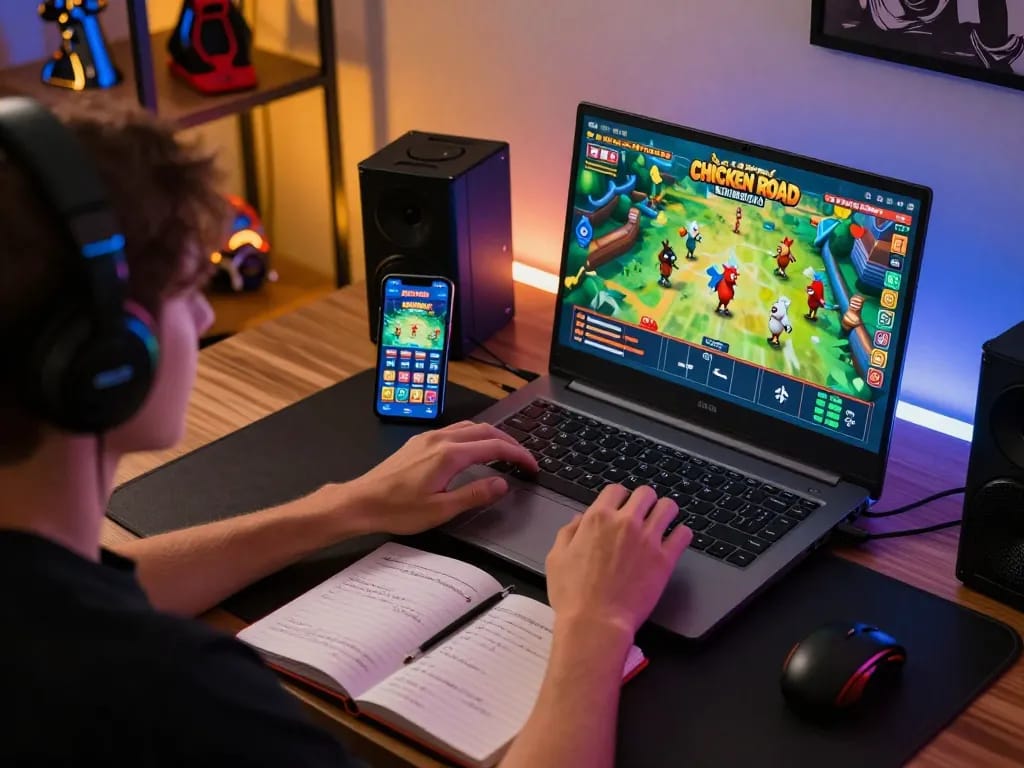 Impegnarsi nelle recensioni di Chicken Road mentre si gioca su un laptop a casa, riflettendo un approccio strategico al gioco.