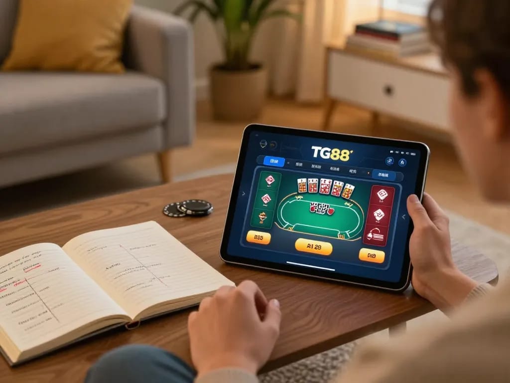 A person using a tablet for online gambling on the TG88 app, showcasing a cozy home gaming environment for tải tg88.