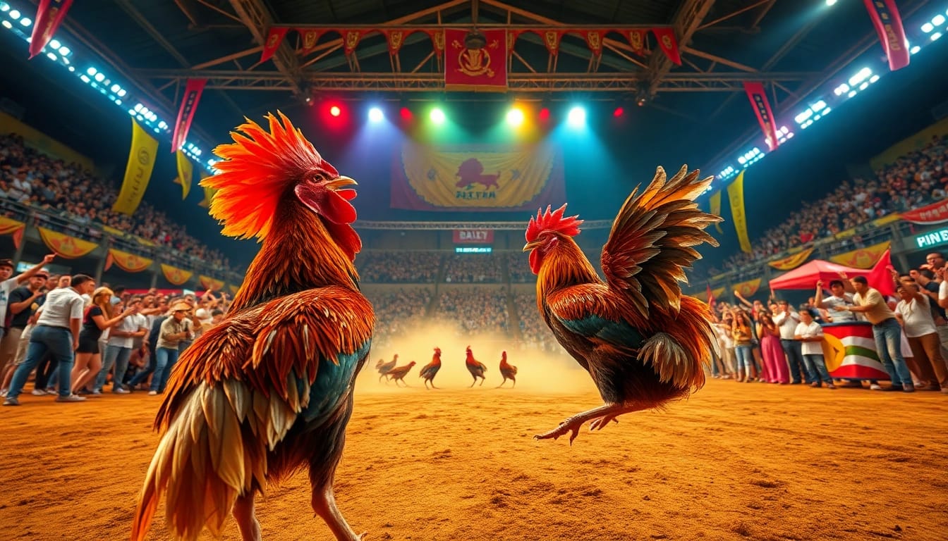 đá gà trực tiếp bình luận viên hôm nay showcasing a vibrant cockfighting event with excited spectators.