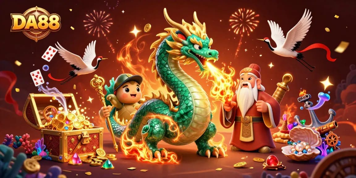 Experience the rich world of DA88 as a jade dragon breathes fire amidst swirling energies and floating treasures in a vibrant casino setting.
