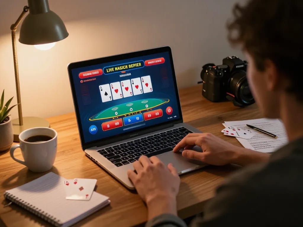 Engaging in live dealer blackjack at home with https://da88.navy/ displayed on screen, showcasing a strategic gaming atmosphere