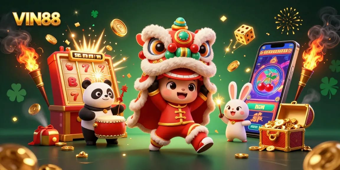 Experience excitement with VIN88's vibrant 3D slot machine explosion featuring lucky symbols and joyful characters.