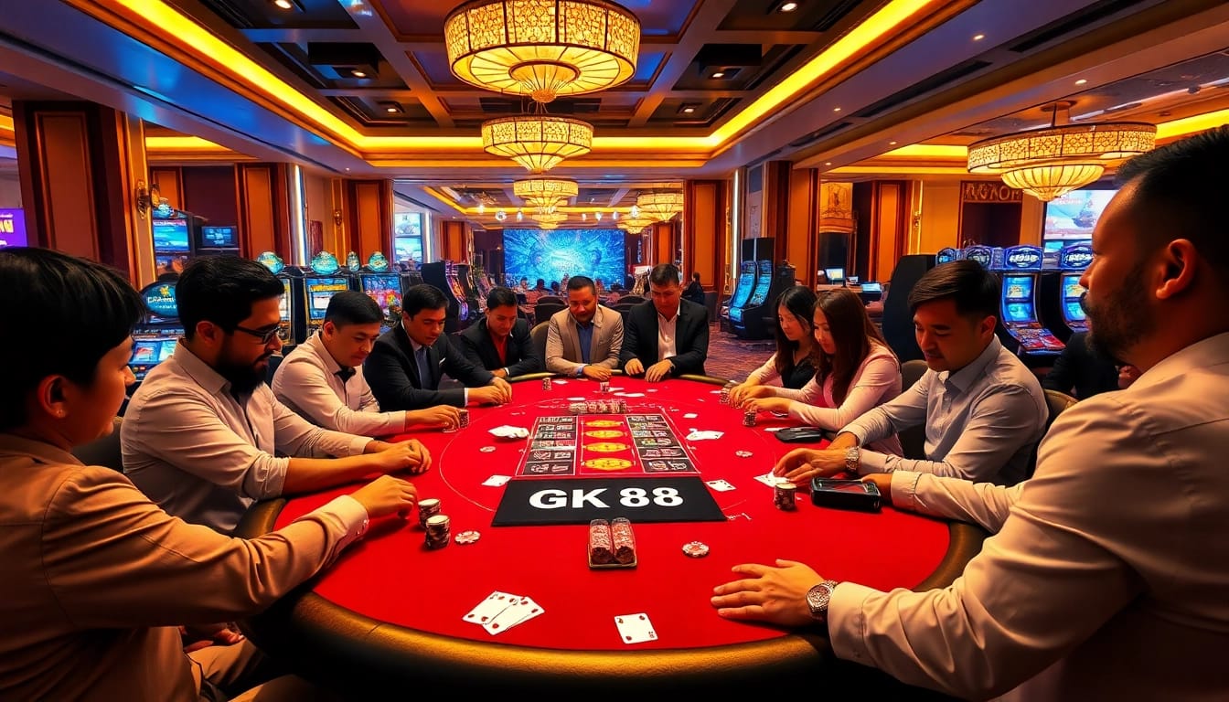Players enjoy a thrilling game at the GK 88 casino, surrounded by cards and chips.