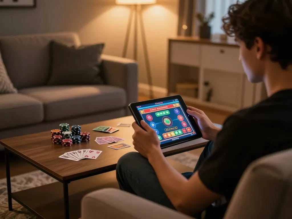 Engaged player enjoying mm88 online gaming with strategy notes visible, cozy home atmosphere.