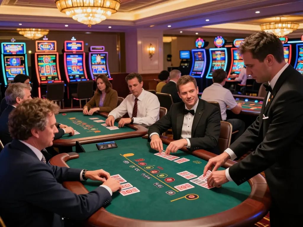 Players at VSBET casino engaged in an intense blackjack game, showcasing a dynamic gambling atmosphere.