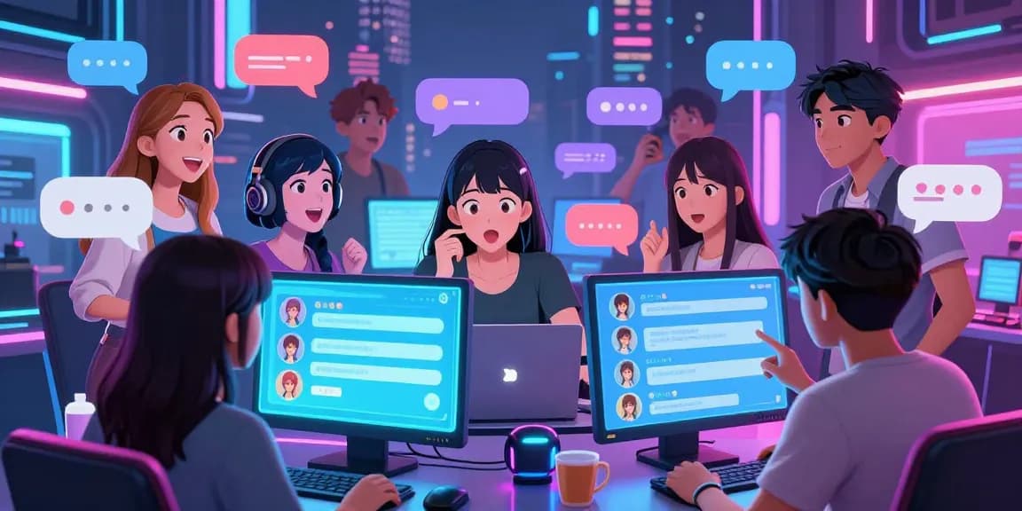 Engaging ai hentai chat experience with vibrant characters in a futuristic digital chatroom.