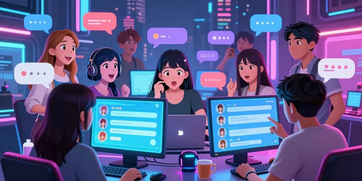Engaging ai hentai chat experience with vibrant characters in a futuristic digital chatroom.