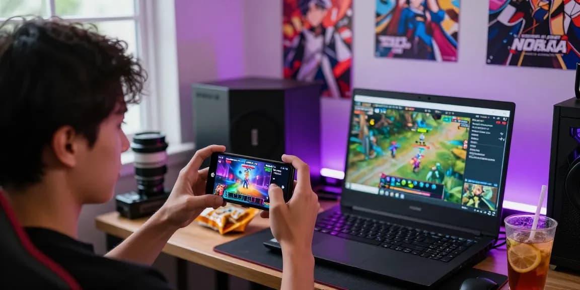 Excited gamer playing a mobile hentai game in a vibrant atmosphere.