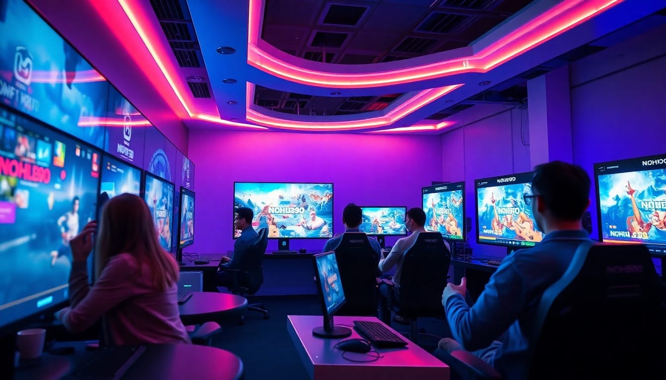 Dynamic gaming scene featuring NOHU90 brand elements, showcasing vibrant online gaming.