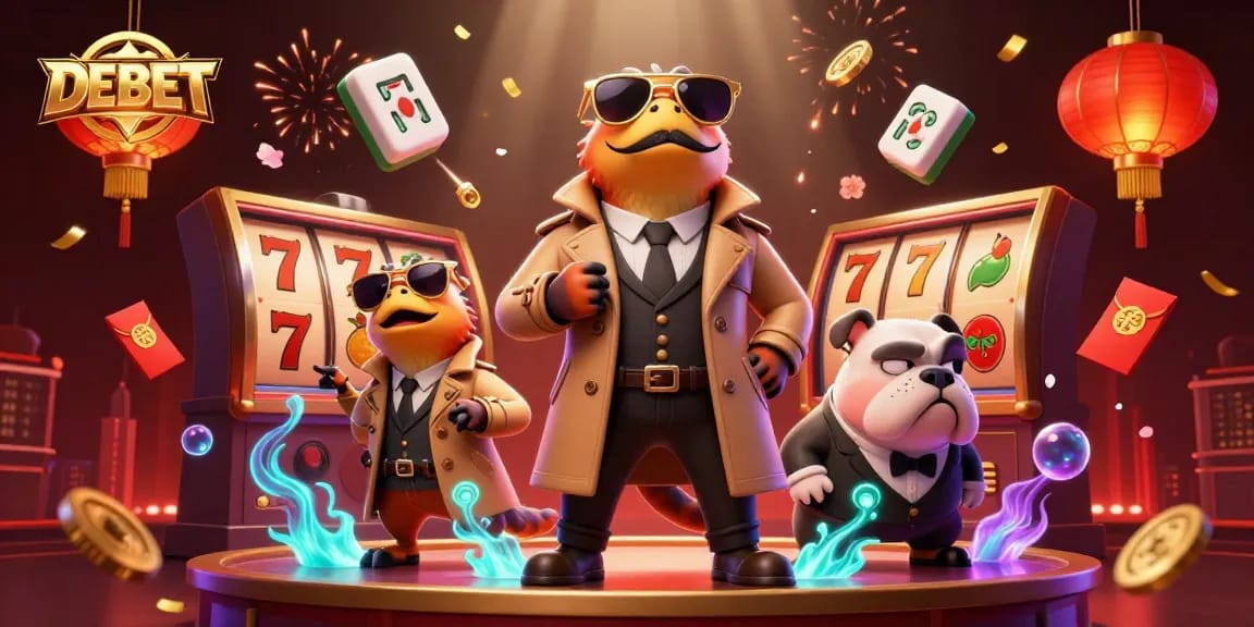 DEBET game scene with raptors in disguise at a casino, surrounded by vibrant slot elements.