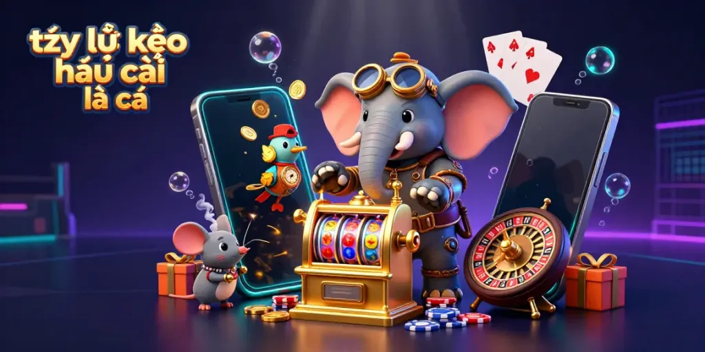 Engage with the thrilling world of tỷ lệ kèo nhà cái là gì as a steampunk elephant operates a golden slot machine.