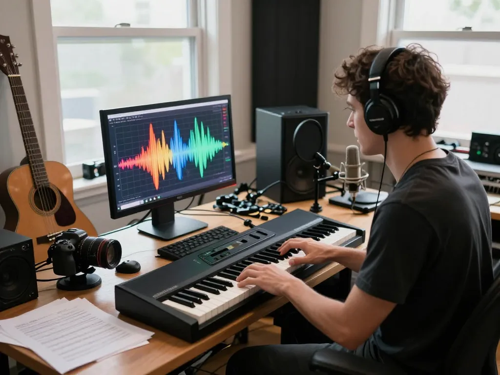 Musician playing the GO 88 digital piano in a vibrant music studio, inspiring creativity.