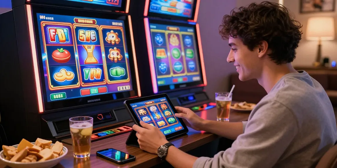 Engaging online casino player using Slotrave login on a tablet in a cozy living room