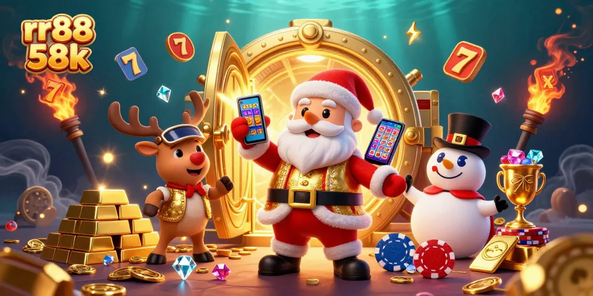 Spin and win with rr88 58k as Santa and friends celebrate jackpot gains in a dazzling casino.