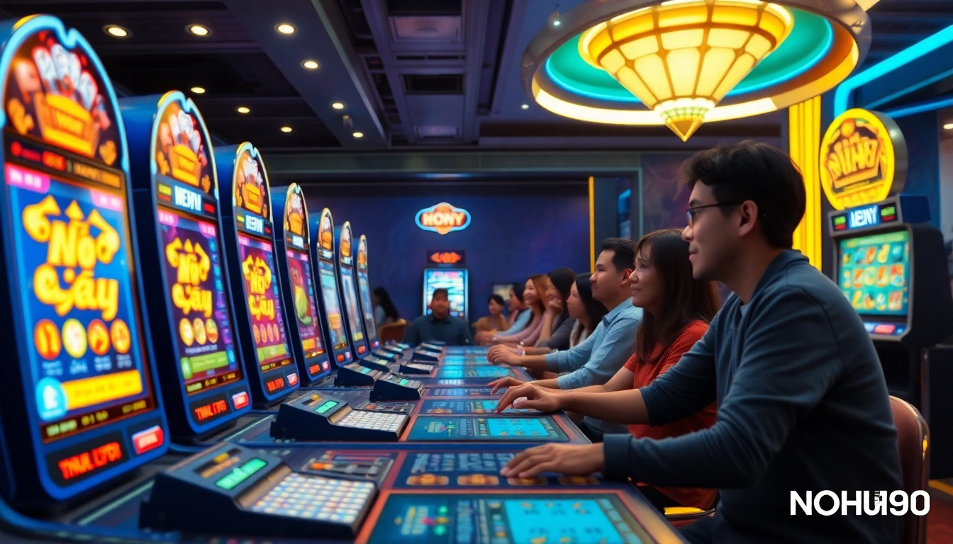 Engaging players enjoying NOHU90's slot games with a vibrant digital interface, colorful and exciting.
