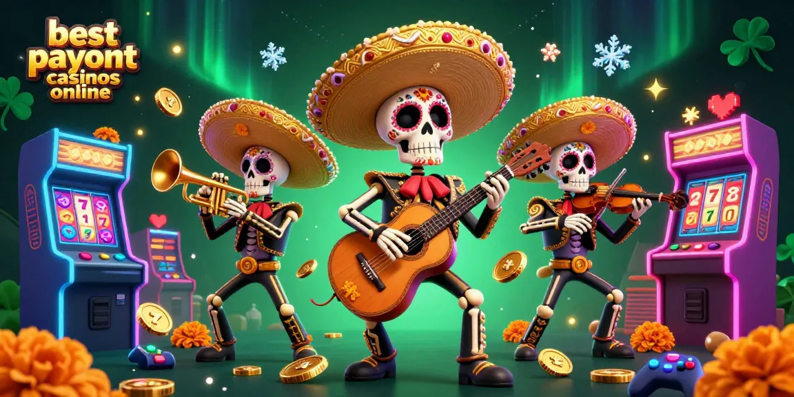 Experience the best payout casinos online with vibrant illustrations of a mariachi band amidst exciting casino elements.
