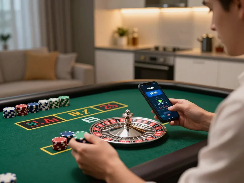 Player enjoying live roulette on vipwin with smartphone and chips in a cozy home setting.
