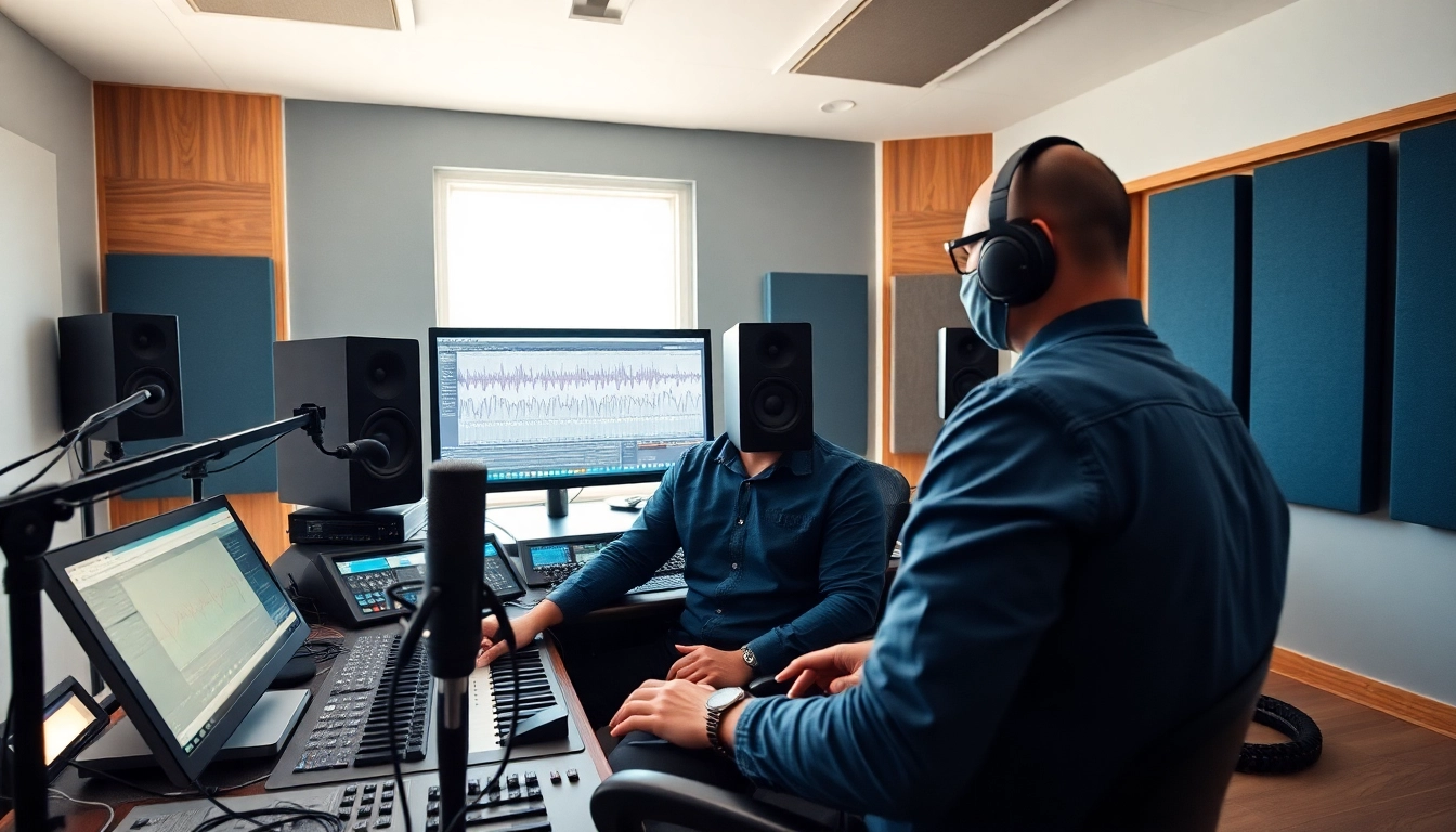 Engineer performing online audio mastering with advanced equipment in a modern studio.