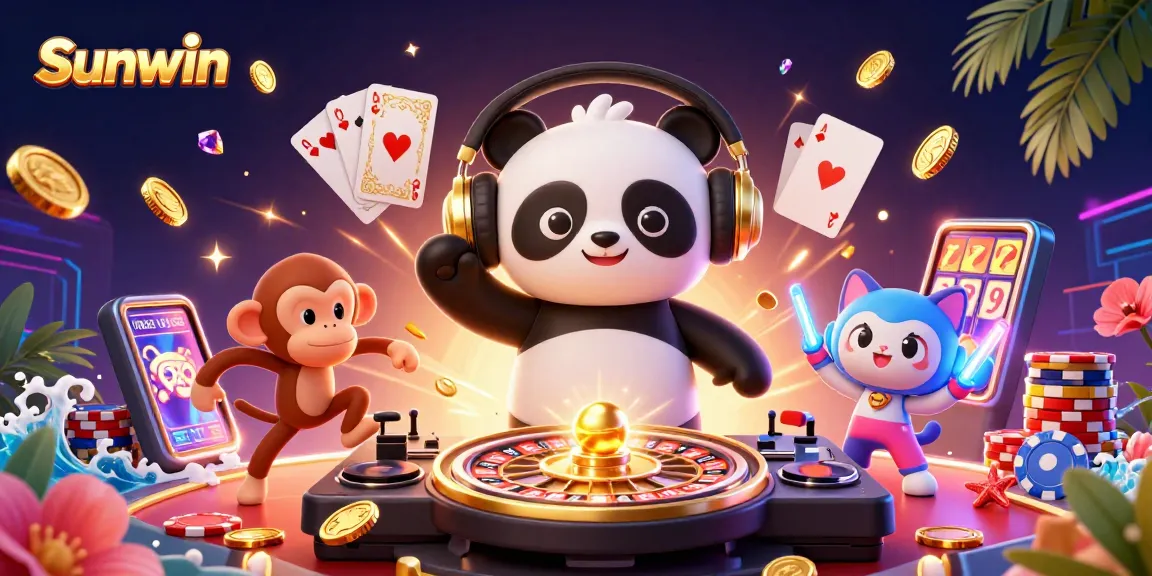 Experience the excitement of Sunwin with a dynamic 3D casino illustration showing a DJ panda, breakdancing monkey, and glowing kitten.
