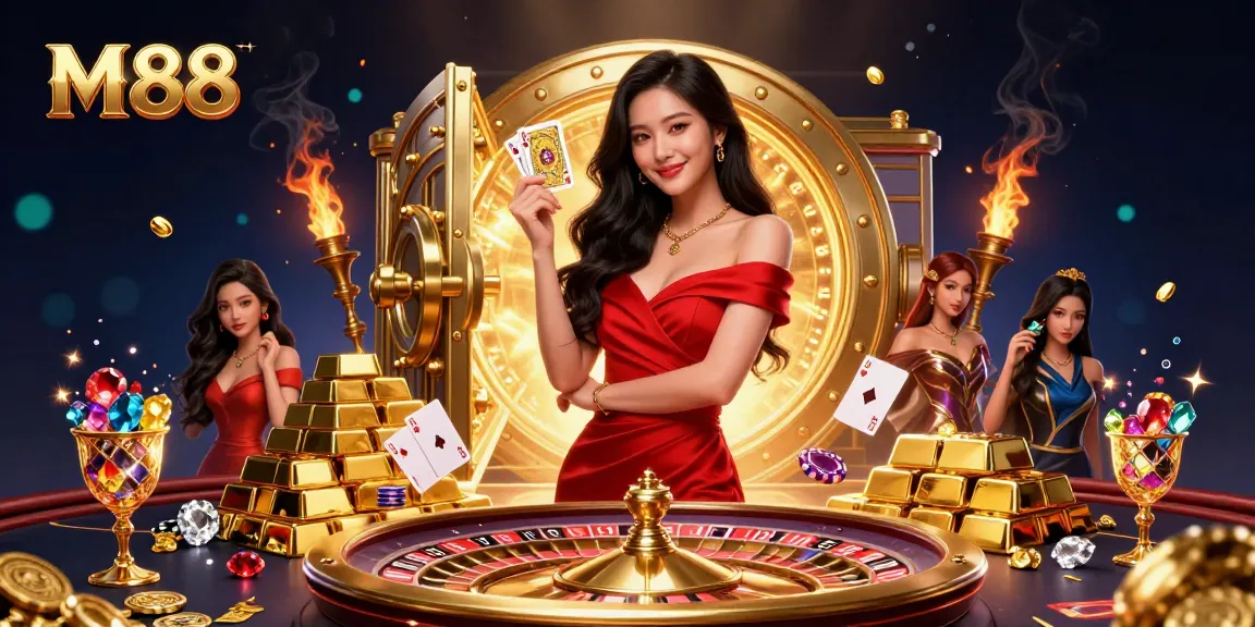 Play casino games at M 88 with a beautiful dealer showcasing a golden roulette wheel
