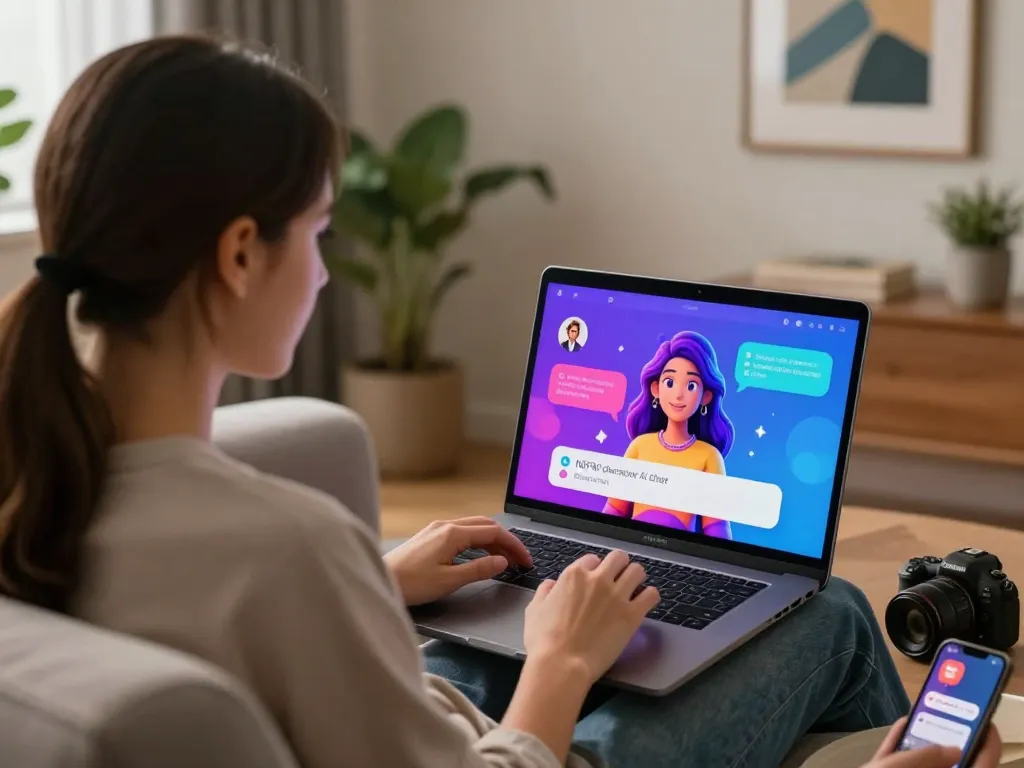 Interactive scene with crushon ai chat, user engaging with vibrant AI character on laptop