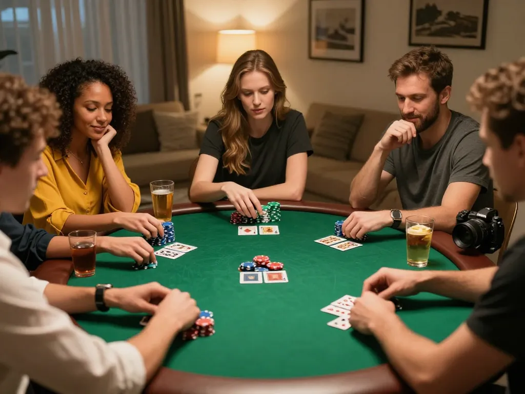 Players enjoying a home poker night around a green felt table, showcasing loto188b asia gaming experience.