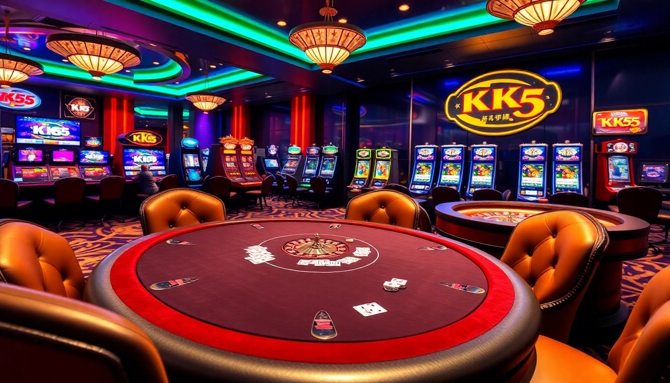 Exciting gambling atmosphere at KK55 casino with poker chips, cards, and vibrant slot machines.