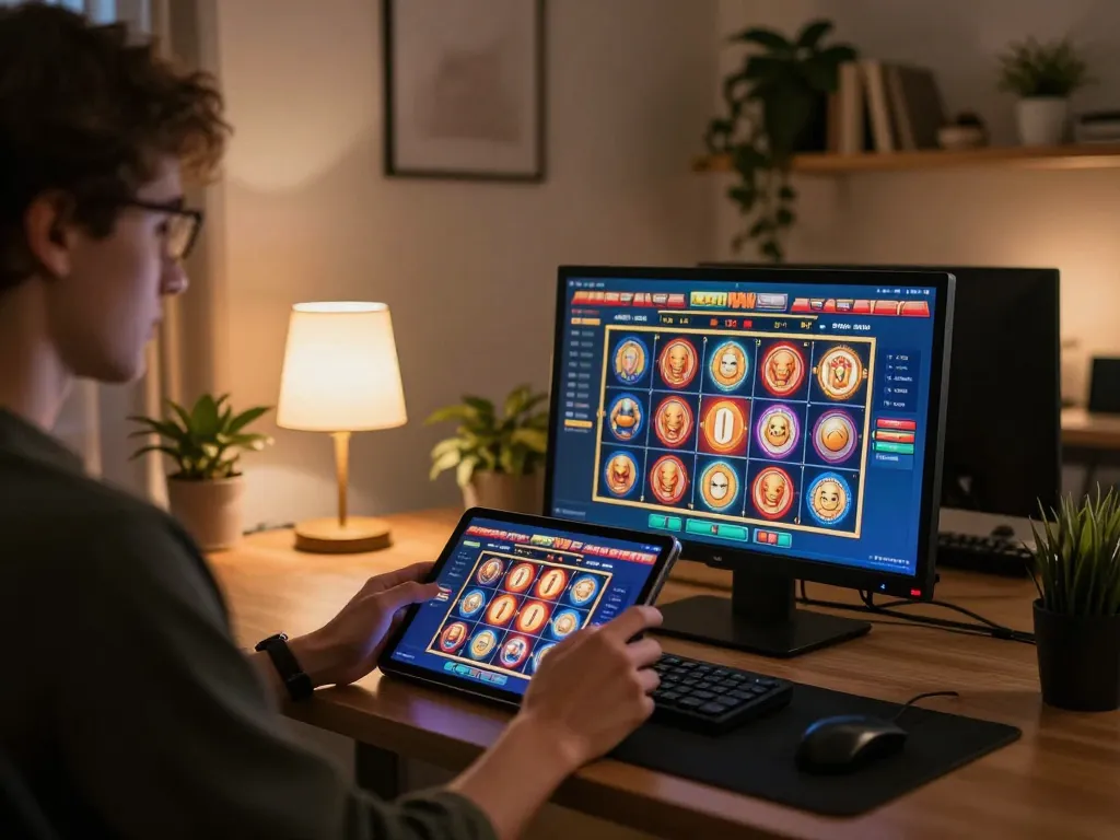 Player engaging with Jun88 online casino on tablet, celebrating a big win in a cozy home setting