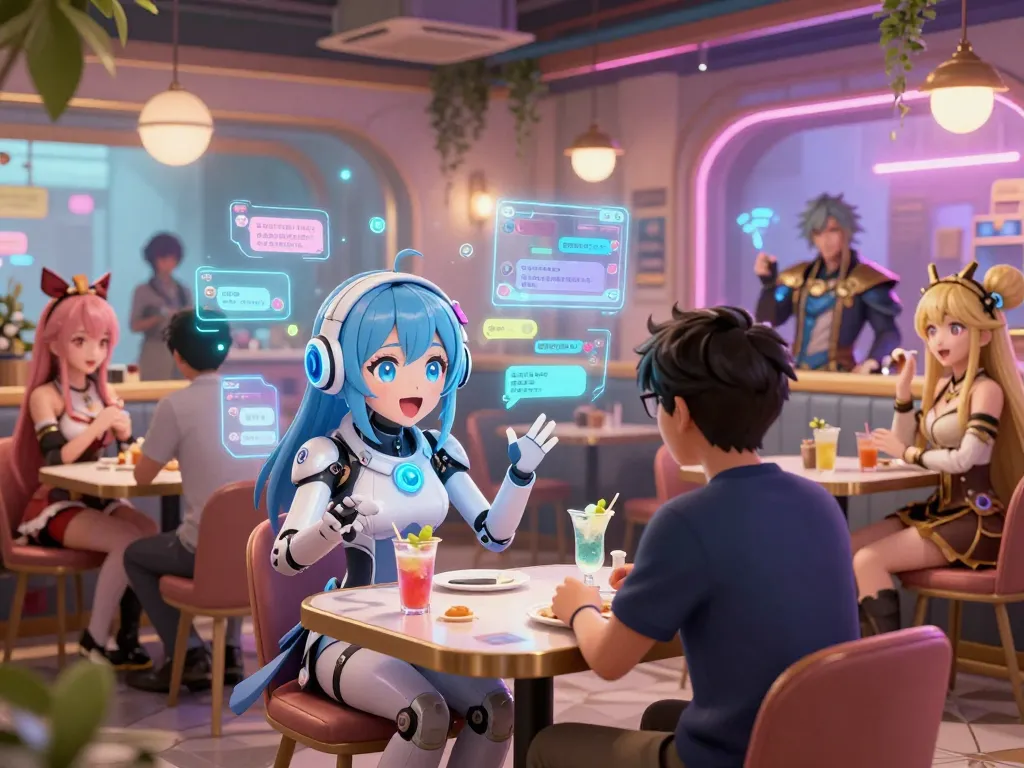 Dynamic hentai ai chat scene with animated characters in a vibrant digital café