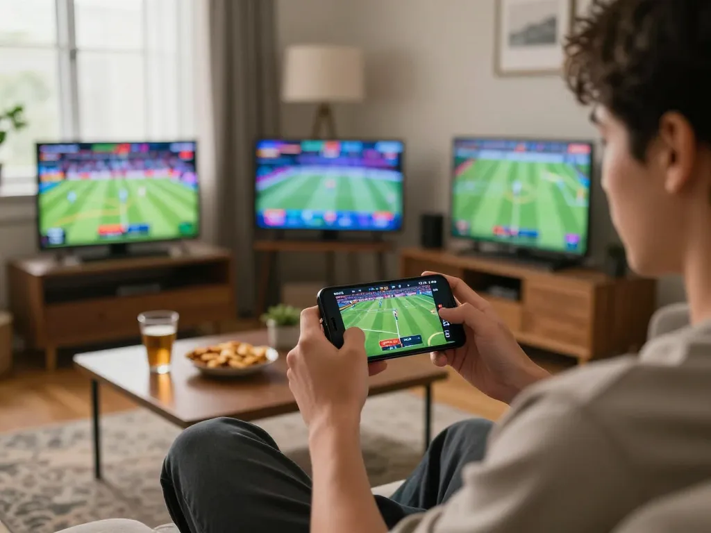 Person engaged in sports betting via mobile app, demonstrating excitement for m88zo in a cozy setting.