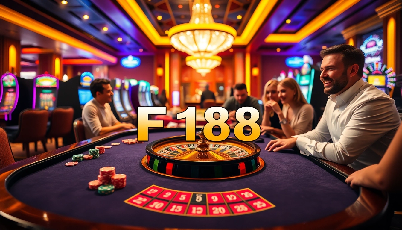 A dynamic casino scene featuring F168 branding, players celebrating a win, and vibrant poker chips on a roulette table.