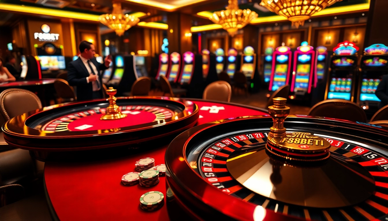 Players enjoying an exciting game at F8BET's luxurious casino table, showcasing poker chips and cards.