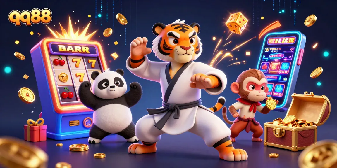 Engage with qq88’s thrilling casino games amidst a lively 3D scene of animated characters and vibrant graphics.