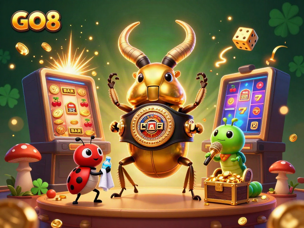 GO8 casino scene featuring a wrestling showdown among vibrant 3D characters amid a jackpot explosion.