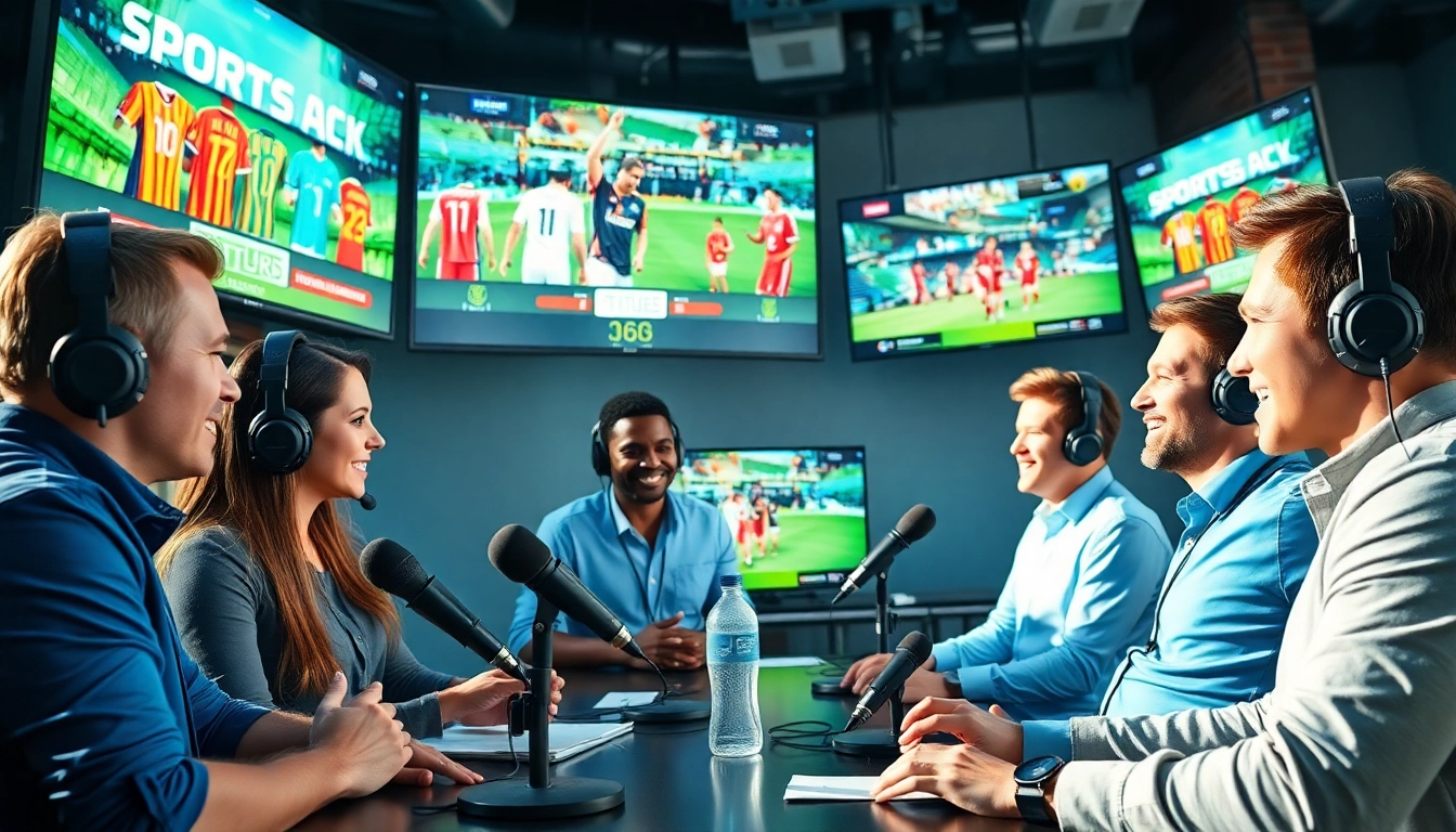 Engaging broadcasters discussing Sports Broadcasting live in a modern studio.