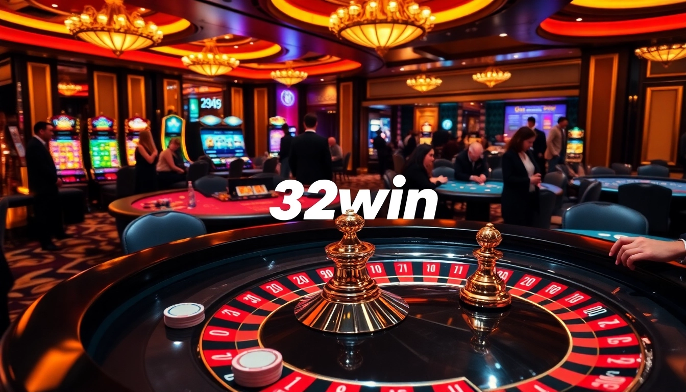 Exciting gameplay at a 32win casino with roulette and poker tables capturing gamblers' attention.