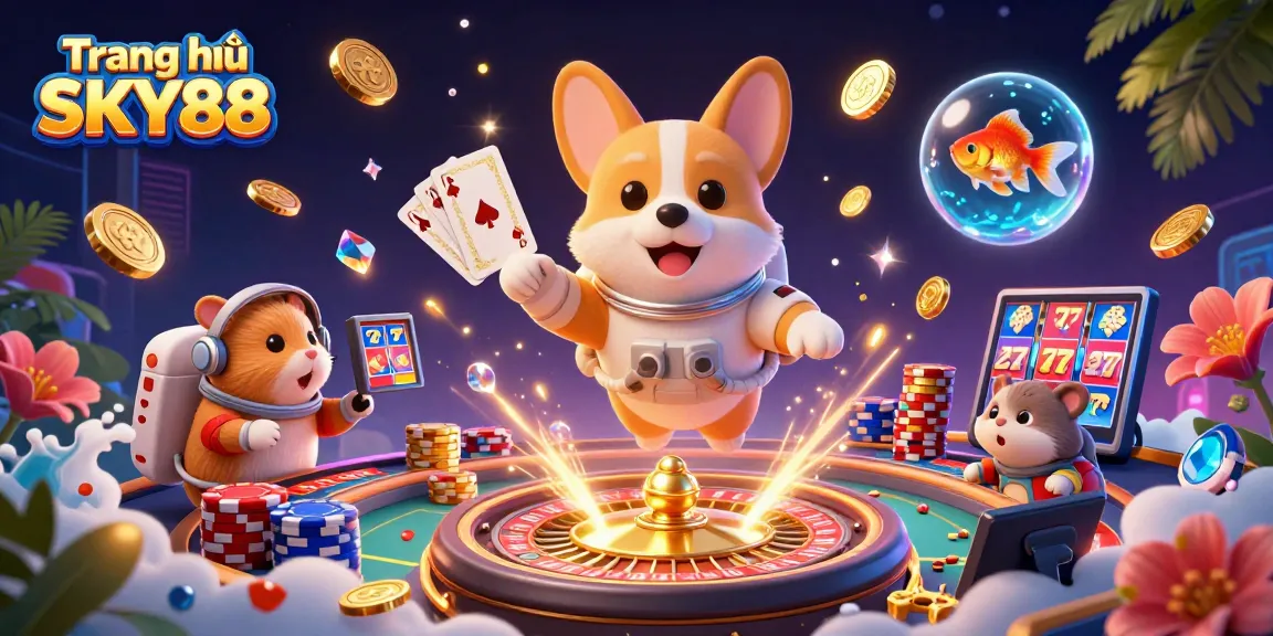 Experience thrilling gaming action on Trang chủ SKY88 with an astronaut corgi in a vibrant casino scene.