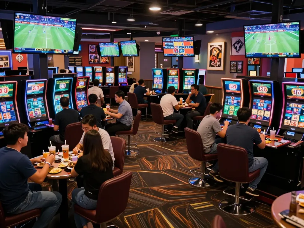 Excited bettors engaged in live sports betting, focusing on tỷ lệ kèo trực tuyến, in a bustling casino lounge.
