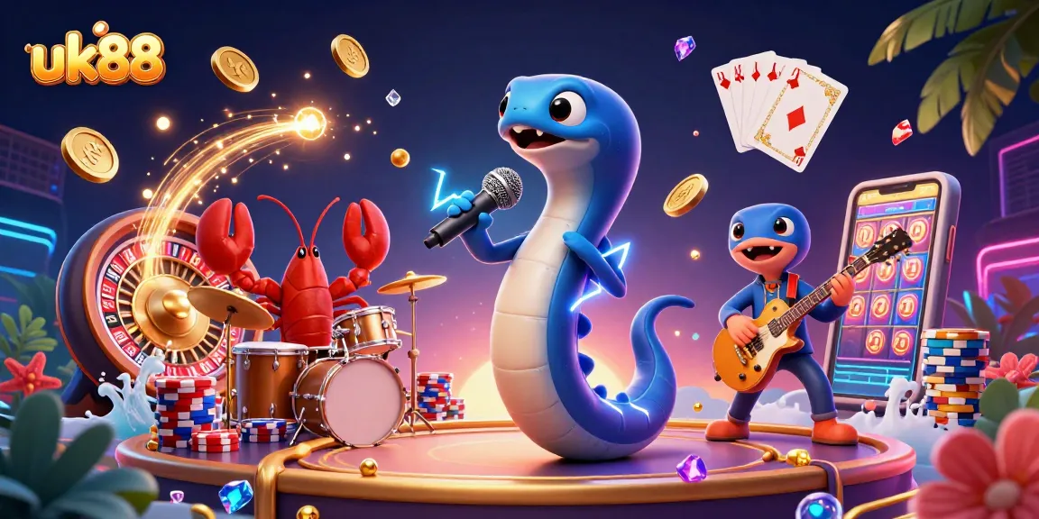Experience the excitement of uk88 with a vibrant underwater casino scene featuring a DJ eel and band.