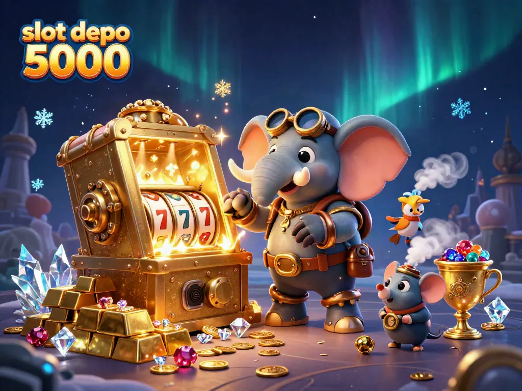 Experience the thrill of slot depo 5000 with a steampunk elephant engineer activating a golden slot machine.