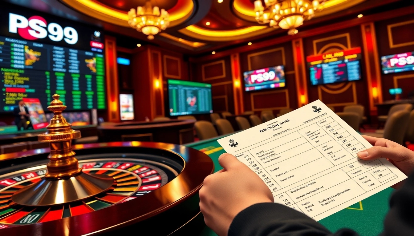 Experience the thrill of PS99 online betting with a vibrant casino scene featuring poker chips and a roulette wheel.