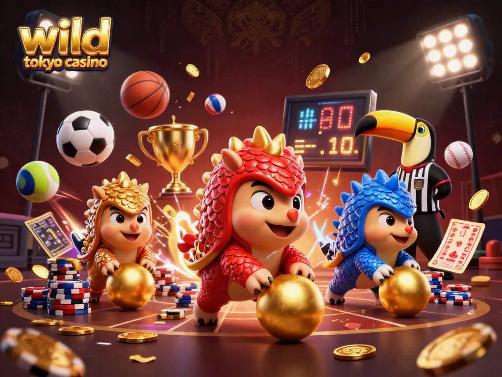 Engage with wild tokyo casino through a vibrant scene of lively animated pangolins bowling through poker chips.