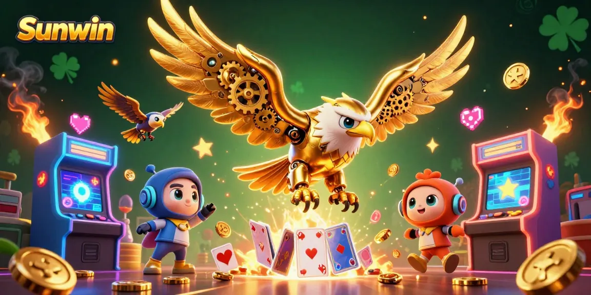 Experience Sunwin's thrilling online gaming with a vivid 3D illustration featuring dynamic characters and casino-themed elements.